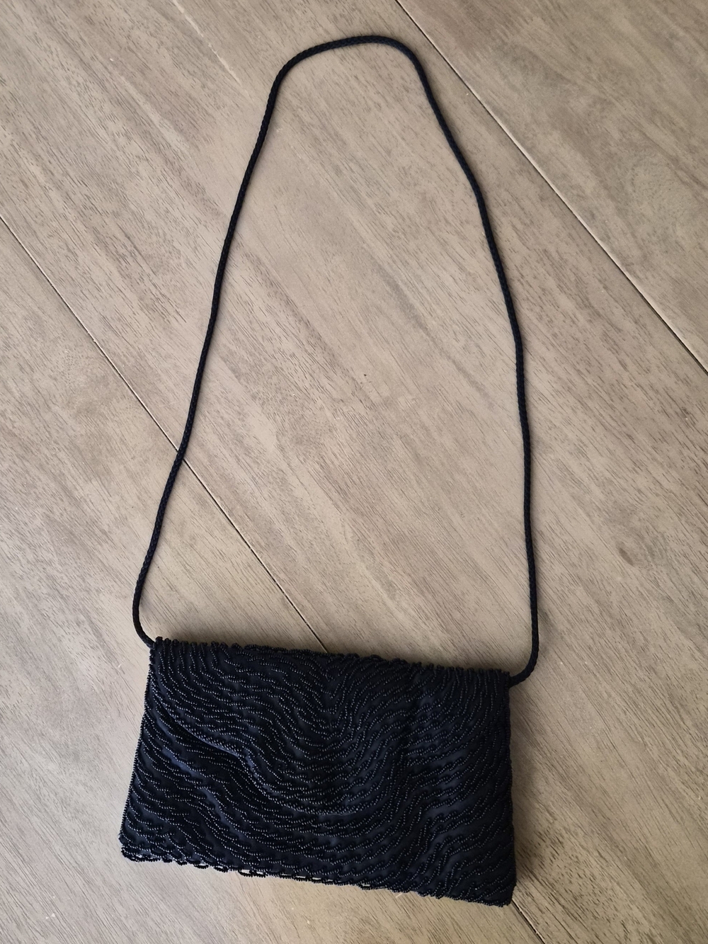 Vintage ADG Black Beaded Wave Evening Bag Satin Clutch Crossbody